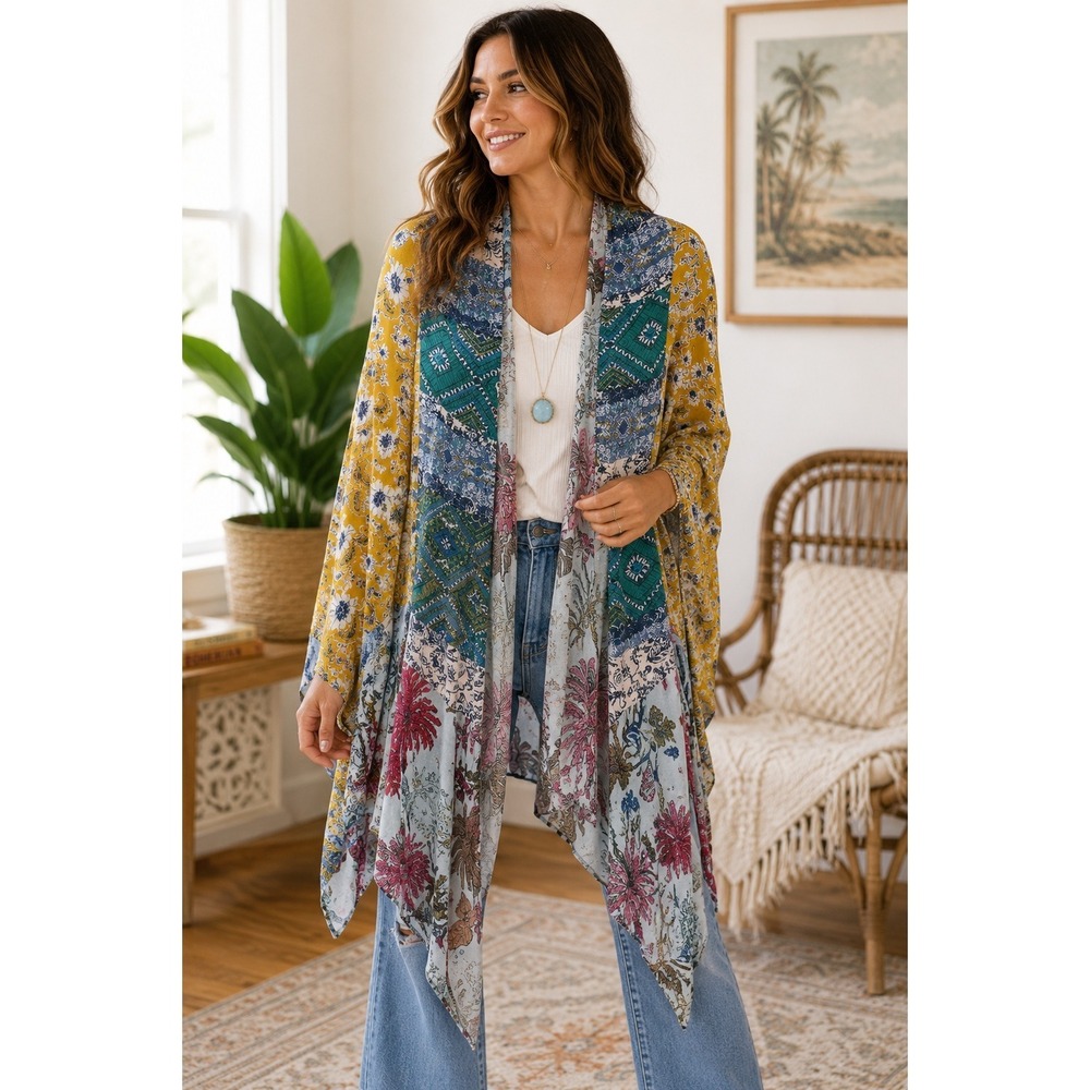Umgee NWT Mixed Print Kimono Duster M/L Boho Floral Open Front Long Cardigan